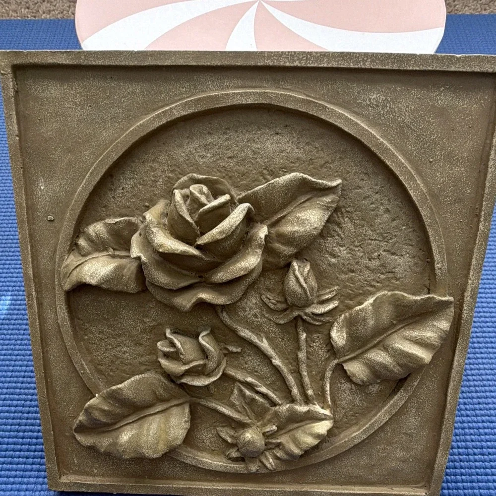 Beige Stone 3D Raised Rose Floral Relief Square Wall Plaque Hanging 9.5x9.5 in